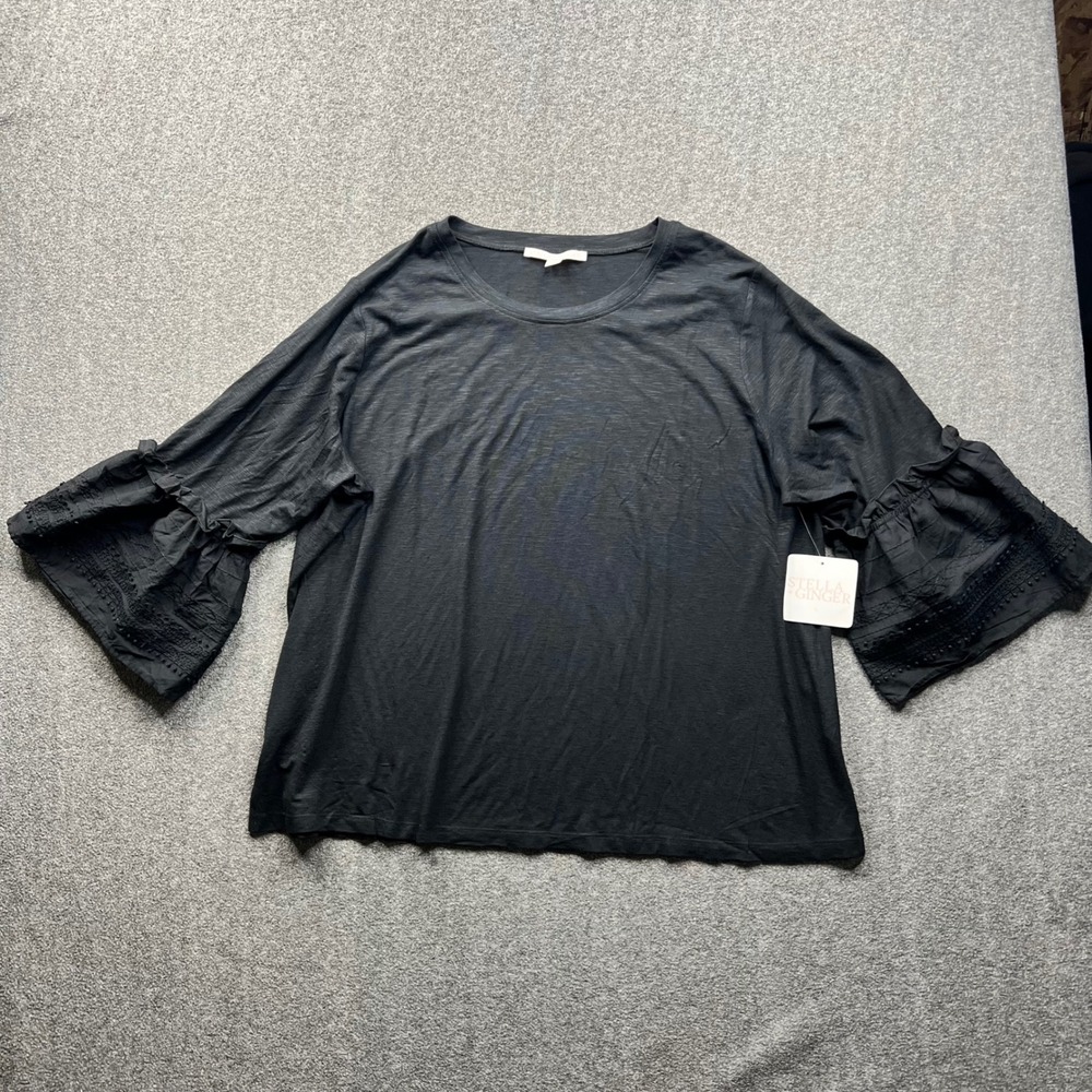 Stella + Ginger Bell Sleeve Top Womens 2X Black Eyelet Ruffle‎ Slub Knit Blouse